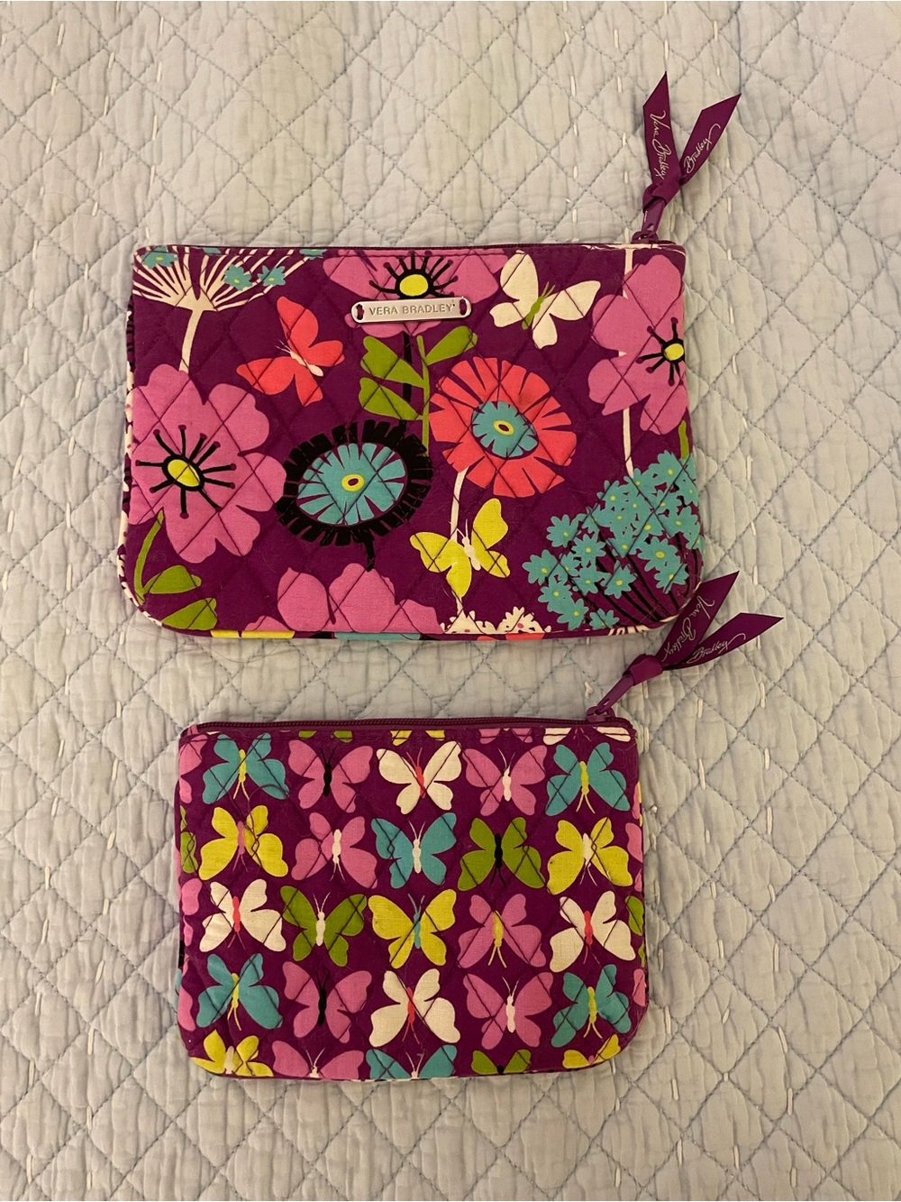 Vera Bradley Magenta Floral & Butterfly Quilted Zip Pouches